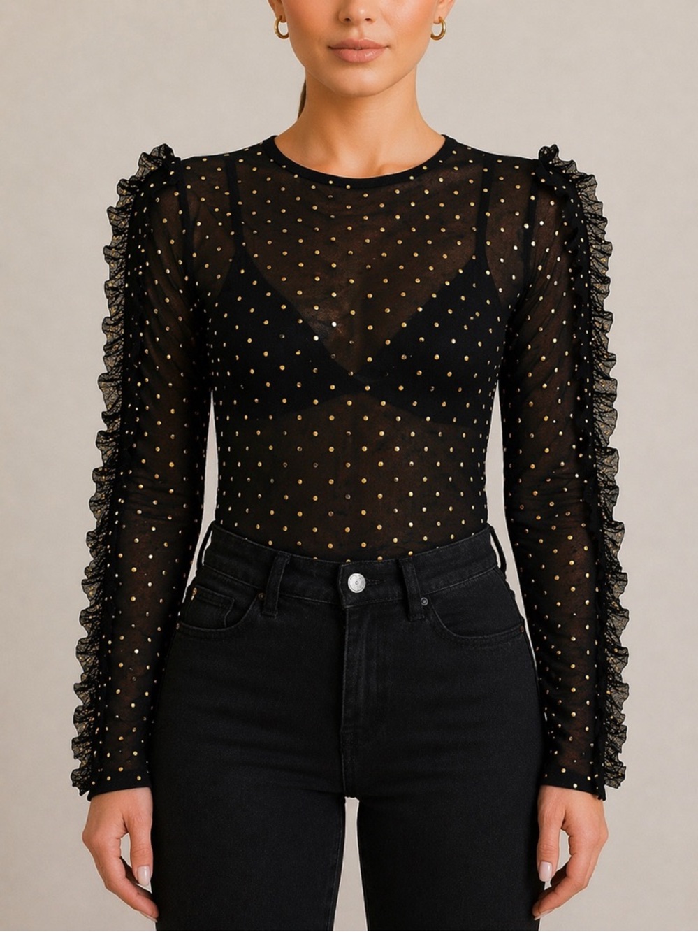 1.STATE Sheer Polka Dot Mesh Top Ruffle Sleeve Black Fitted Chic S